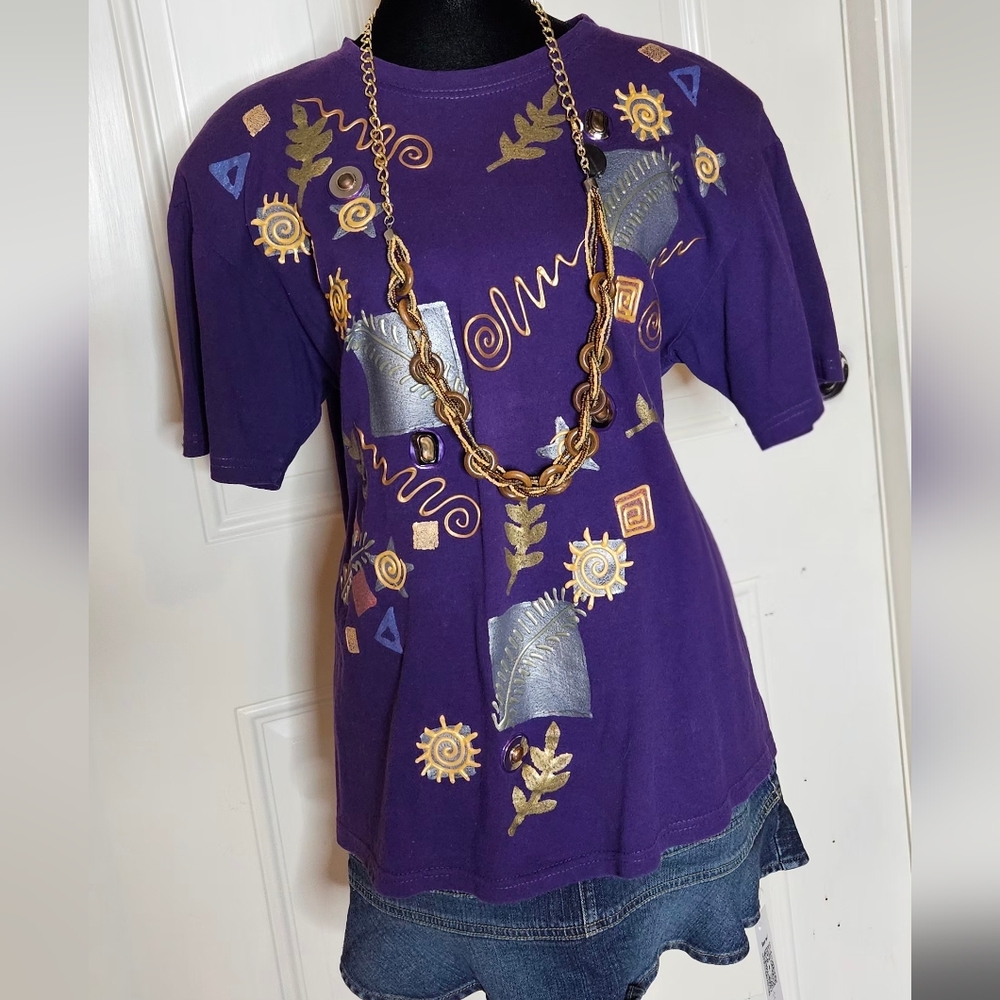 Vtg 80s 90s Cesucci Art Deco Graphic T-Shirt - Purple/Gold/Black - OSFA Medium